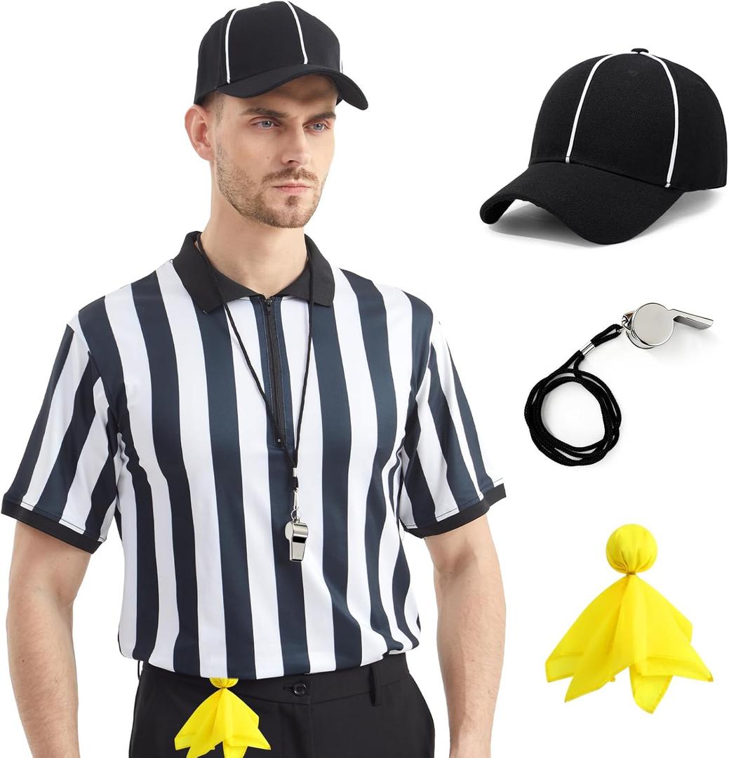 Referee Shirt for Men & Women, 4-Piece Ref Uniform Set with Zipper Collar, Whistle, Hat & Penally Flag for Football & Soccer (Small)