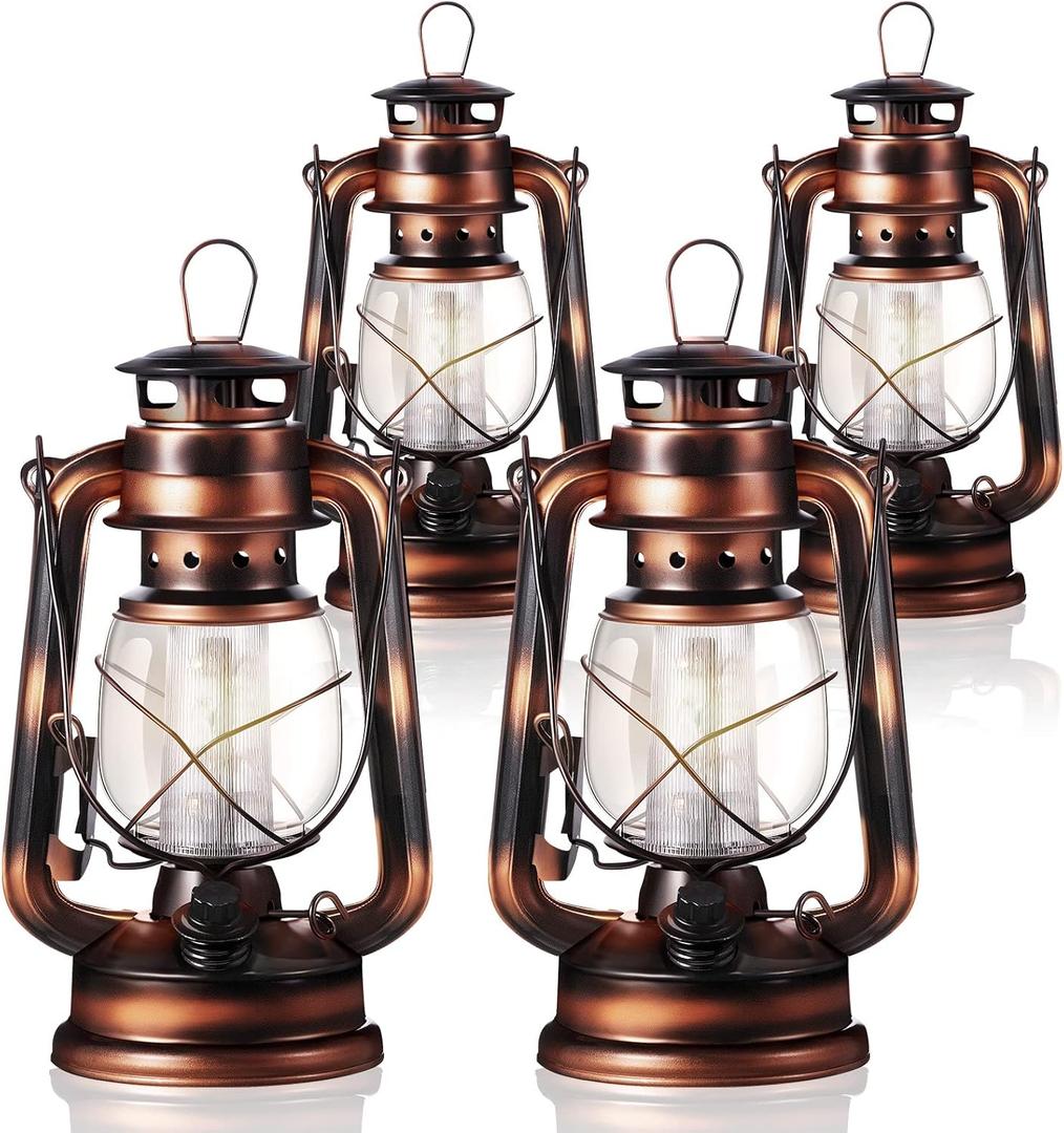 Hortsun 4 Pcs 8 Inch Vintage LED Hurricane Lantern Warm LEDs and Dimmer Switch Battery Operated Farmers Hanging Lantern for Indoor Outdoor Camping Usage Decor