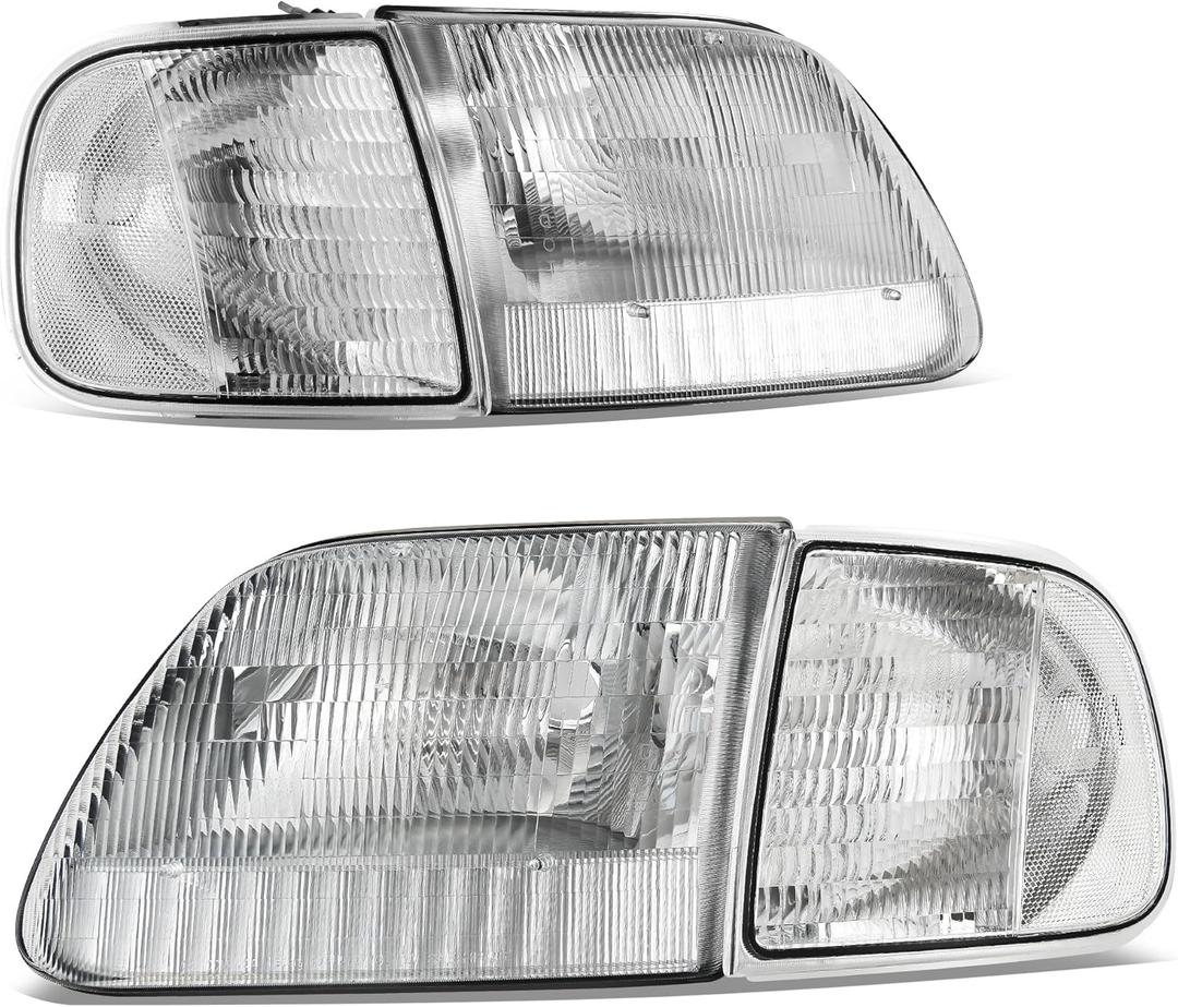 AUTOSAVER88 Headlight Assembly Compatible with 97-03 Ford F-150/97-02 Ford Expedition Pickup Headlamp Replacement Chrome Housing Clear Lens