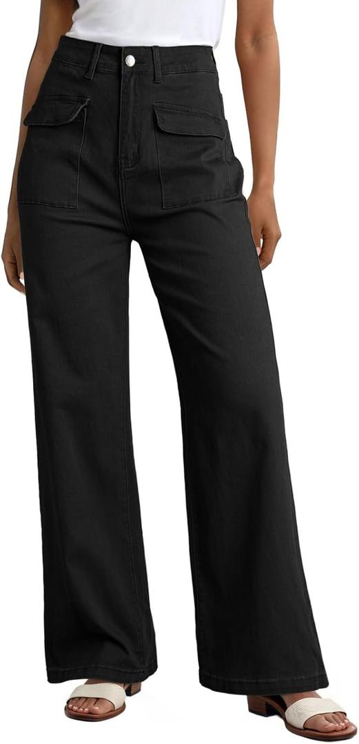 Dokotoo Women's Cargo Baggy Wide Leg High Waist Casual Stretch Pants, Black US 6