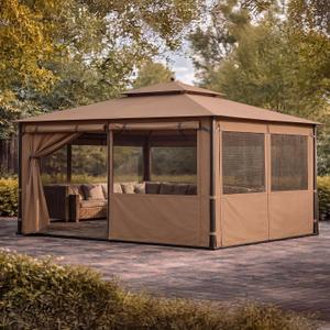 Batiyeer Gazebo Privacy Curtains 10' x 12' Outdoor Gazebo Curtains Waterproof with Mosquito Net Windows, Replacement 4-Panels Side Wall with Zippers for Patio Garden and Backyard, Brown(Curtain Only)