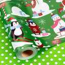Retrify Christmas Wrapping Paper - Mini Roll - 17 Inch x 32.8 Feet Thick Green Cute Penguin Polar Bear Snowman Wearing Red Scarf Gift Wrap for Winter Holiday Party Celebration