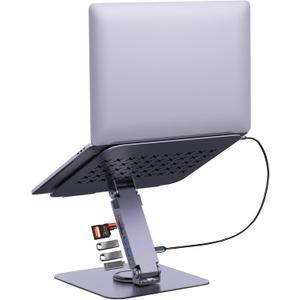 EJAY Laptop Stand with USB Hub and SD/TF Card Reader, 360 Rotating Computer Riser with 2 USB-A + 1 USB-C Ports, Ergonomic Aluminum Foldable Laptop Holder for Photographer and Designer