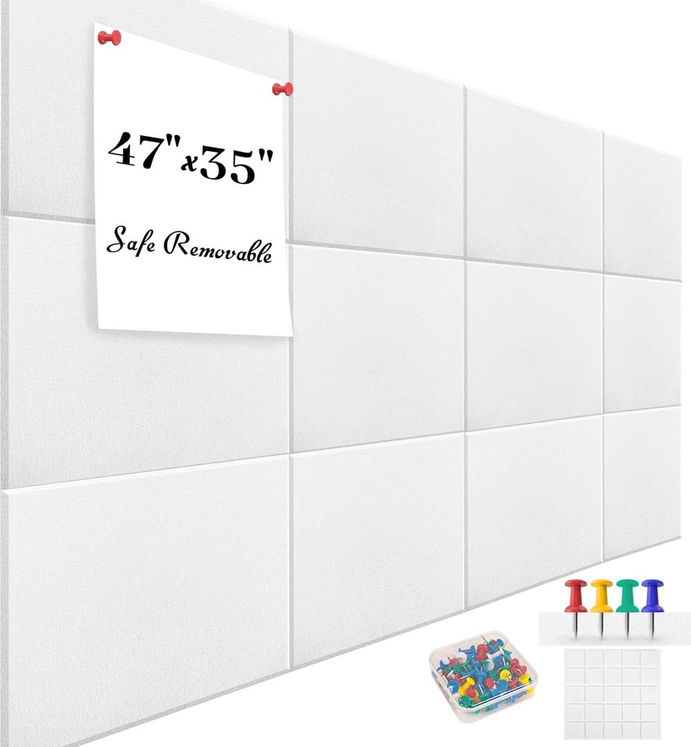 Large Office Cork Board Alternative - 47"x35"12 Pack Felt Wall Tiles Self-Adhesive Safe Removable No Damage for Wall Pin Board Tack Board Felt Cork Board for Walls or Office 48 x 36 White