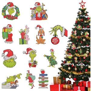 Griinch Ornaments for Christmas Tree Wood, Double-Sided Printing 24 Pcs Christmas Tree Decorations Hanging Ornaments for Tree Home Indoor Outdoor Decorations
