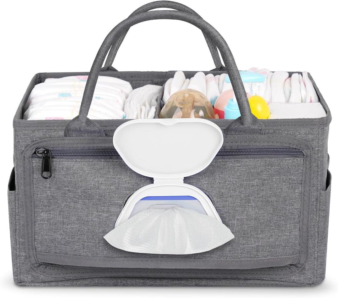 Volnamal Diaper Caddy with Wipe Dispenser One-Handed Access, Premium Diaper Organizer, Portable Car Organizer Nursery Basket for Newborn Essentials, Baby Registry Must Haves for Boys & Girls, Grey