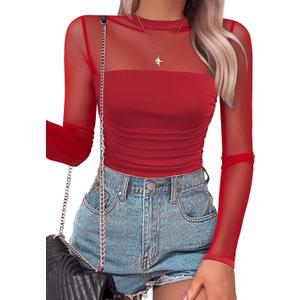 SAUNGKUAI Women's Mesh Long Sleeve Bodysuit Mock Neck Ruched Sheer Thong Body Suits Fall Outfits (Red, L)