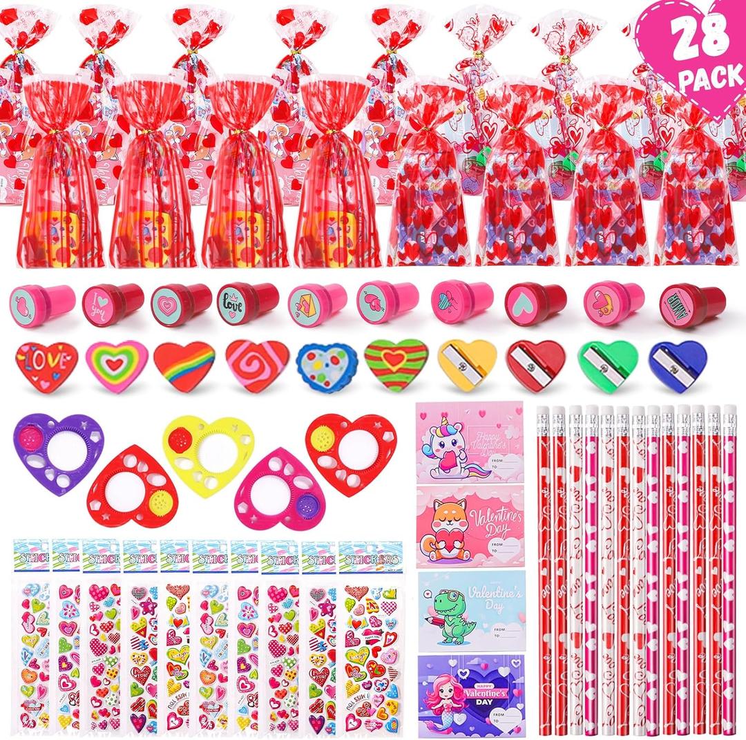 Valentines Day Gifts for Kids 28 Pack Valentines Day Cards for Kids Classroom School Exchange, 224PCS Stationery Set Valentines Day Goodie Bag Stuffers Party Favors Treats for Boys Girls