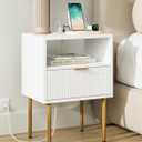 Nightstand with Charging Station,Morden Bedside Table with Gold Frame,Small White Night Stand,End Table,Bedside Furniture,Side Table with Drawer and Shelf for Bedroom,Living Room