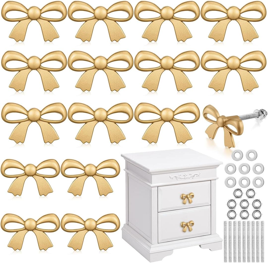 16 Pcs Gold Bow Drawer Knobs Matel Bow Knobs for Dresser Vintage Dresser Handles Pulls Decorative Drawer Handles for Home Bedroom Kitchen Cabinets Hardware Cupboard (1.6 x 1 Inch)
