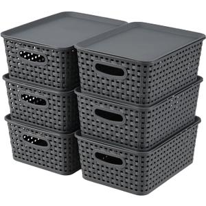 Bringer 6-Pack Plastic Storage Baskets Bins with Lid, Lidded Storage Organizer Baskets, Gray