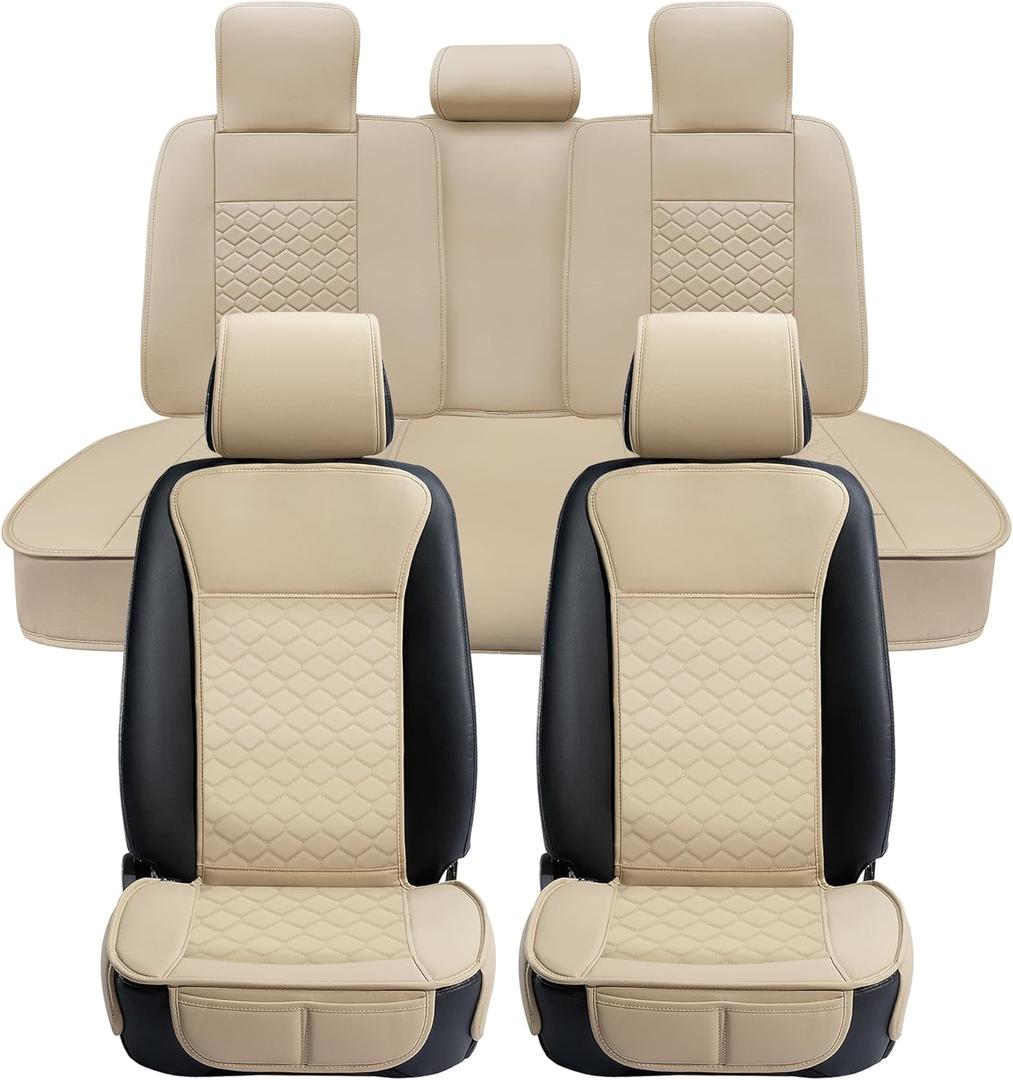 Elantrip Car Seat Cover Full Set Leather Car Seat Protector Universal fit for Most Cars SUVs and Trucks Water Proof Front and Rear Seat Protector Beige