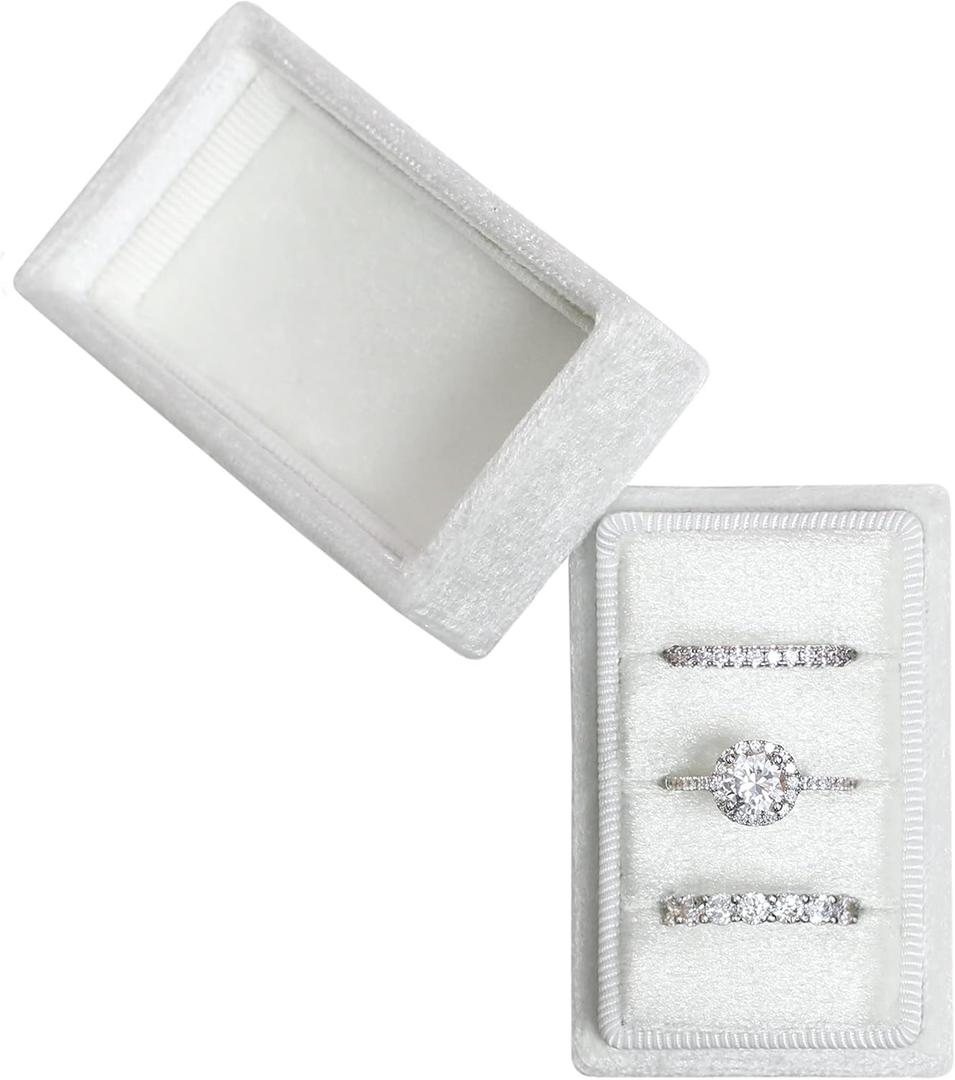 Rectangle 3 Slots Italian Velvet Jewelry Box Engagement Wedding Photo Ring Box Keepsake Box Triple Ring Gift Box (White)