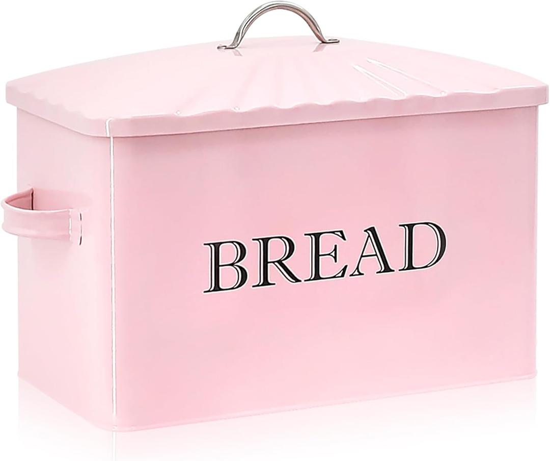Jolitac Bread Box for Kitchen Countertop, Metal Bread Box for Kitchen Counter Extra Large & Farmhouse Style Bread Holder Bread keeper Food Storage Container (Pink with Metal Lid)