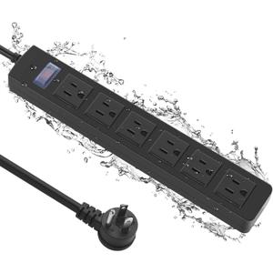 Outdoor Power Strip Waterproof with 6 Outlets, Garden Weatherproof Surge Protector, Christmas Multiple Outlet Exterior Socket for Lighting Appliances. 6FT Extension Cord Strip with Flat Plug. Black