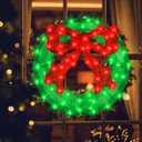 Outdoor Christmas Wreath Decoration - 24" Bright LED Christmas Wreath Lights with Bow, Large Lighted Christmas Wreaths Window Lights for Wall, Windows, Front Door Decor, Red Bow - Green Wreath