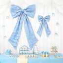 Vibzox Blue Checkered Bow Decor 2 Pack, Large & Small Blue and White Coquette Room Backdrop Wall Decor for Women Girls Birthday One Silly Goose Baby Shower Bridal Engagement Wedding Party Decorations