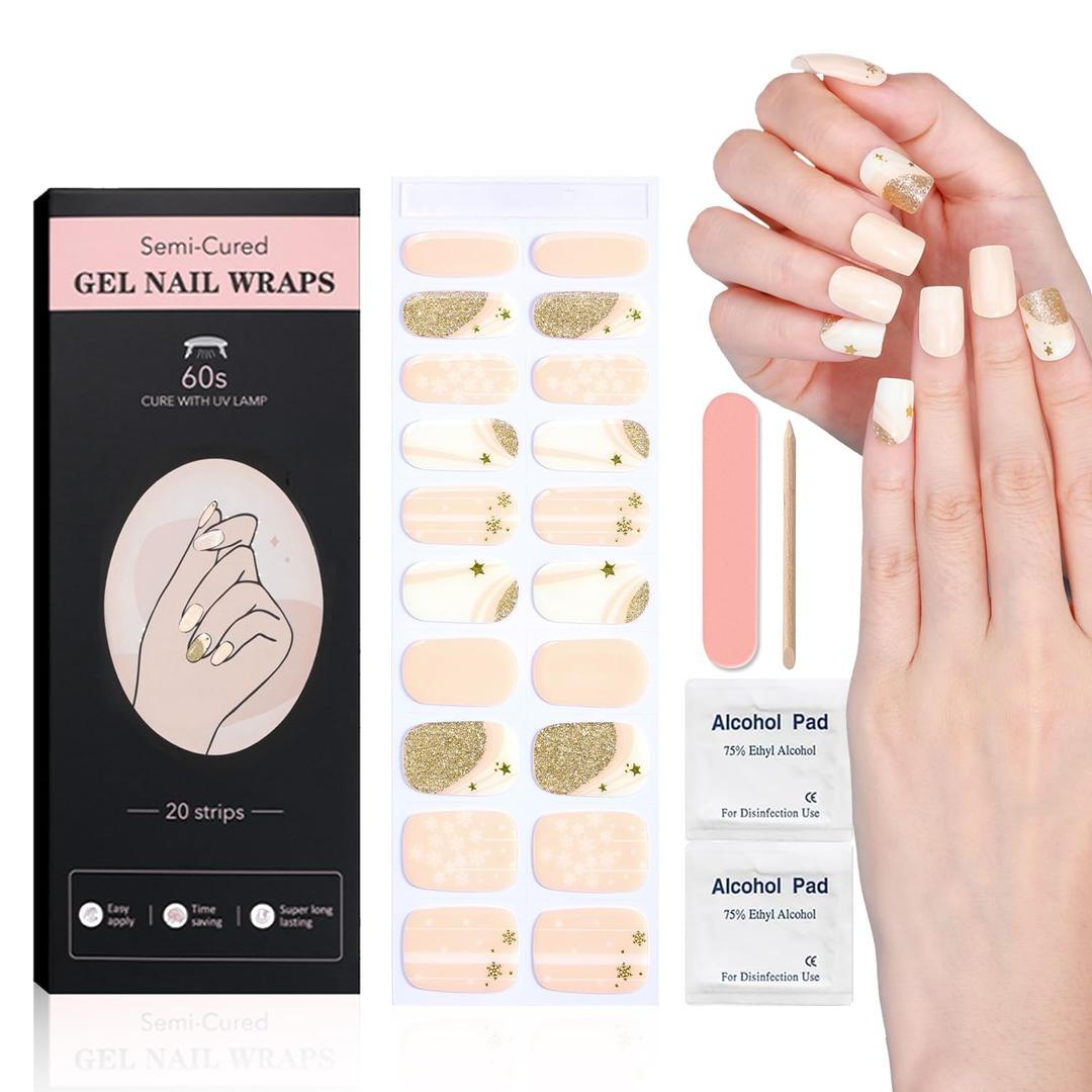 2 Packs WOKOTO 20 Tips Christmas Semi-Cured Gel Nail Strips Wraps With 2 Prep Pads Nail File And Wood Stick Christmas Celebration Gold Glitter Nail Polish Stickers For Women Girls Gel Nail Strips Set