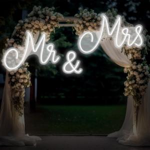 Mr and Mrs Neon Sign for Wedding 57.09 x 15.75 Inch Neon Light LED Backdrop Wall Decor USB Wedding Reception Decoration Gifts for Anniversary Engagement Banquet(Cold White)