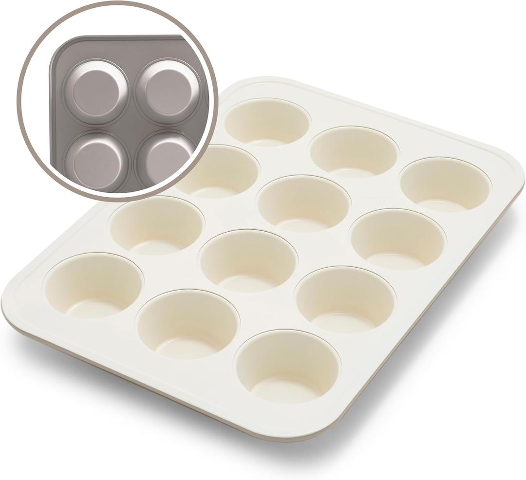 GreenLife 12Cup Muffin Pan, PFASFree Healthy Nonstick Baking Tray, 11.4" x 1.9" x 15.9", Durable Ceramic Bakeware, Cupcakes, Egg Bites, Tarts, Brownies, Taupe