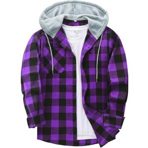 ZITY Men's Flannel Hoodie Shirts Casual Button Down Plaid Shirt Jackets for Men Long Sleeve Stylish Hooded with Pocket (L)