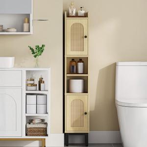 Hzuaneri Slim Bathroom Storage Cabinet, Narrow Bathroom Organizers and Storage with 4 Adjustable Feet, Laundry Room Organization for Small Space, Kitchen, Living Room, 2 Doors Rattan Yellow BC22402Y, 7.9" W x 7.9" D x 42.7" H
