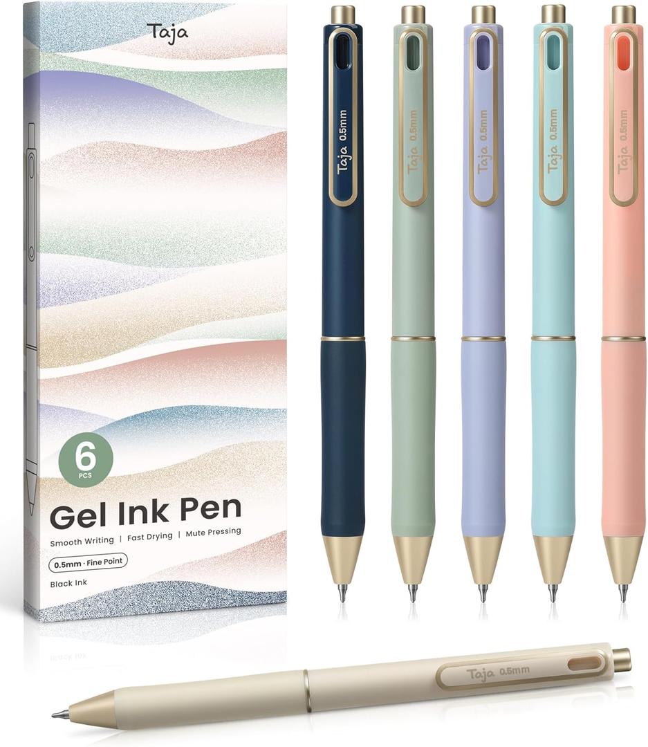 Taja Gel Pens, 6 Pcs Quick Dry Black Gel Ink Pens, 0.5mm Fine Point Smooth Writing Pens for Journaling and Note Taking, Cute Aesthetic Pens for Women & Men-Pastel