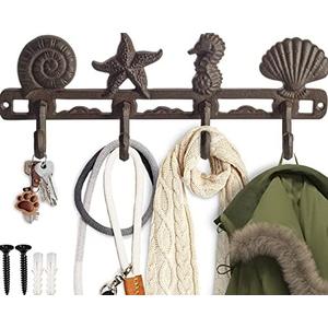 Comfify Vintage Seashell Coat Hook Hanger Rustic Cast Iron Wall Hanger w/ 4 Decorative Hooks - Includes Screws and Anchors - Beach House Decor - Brown