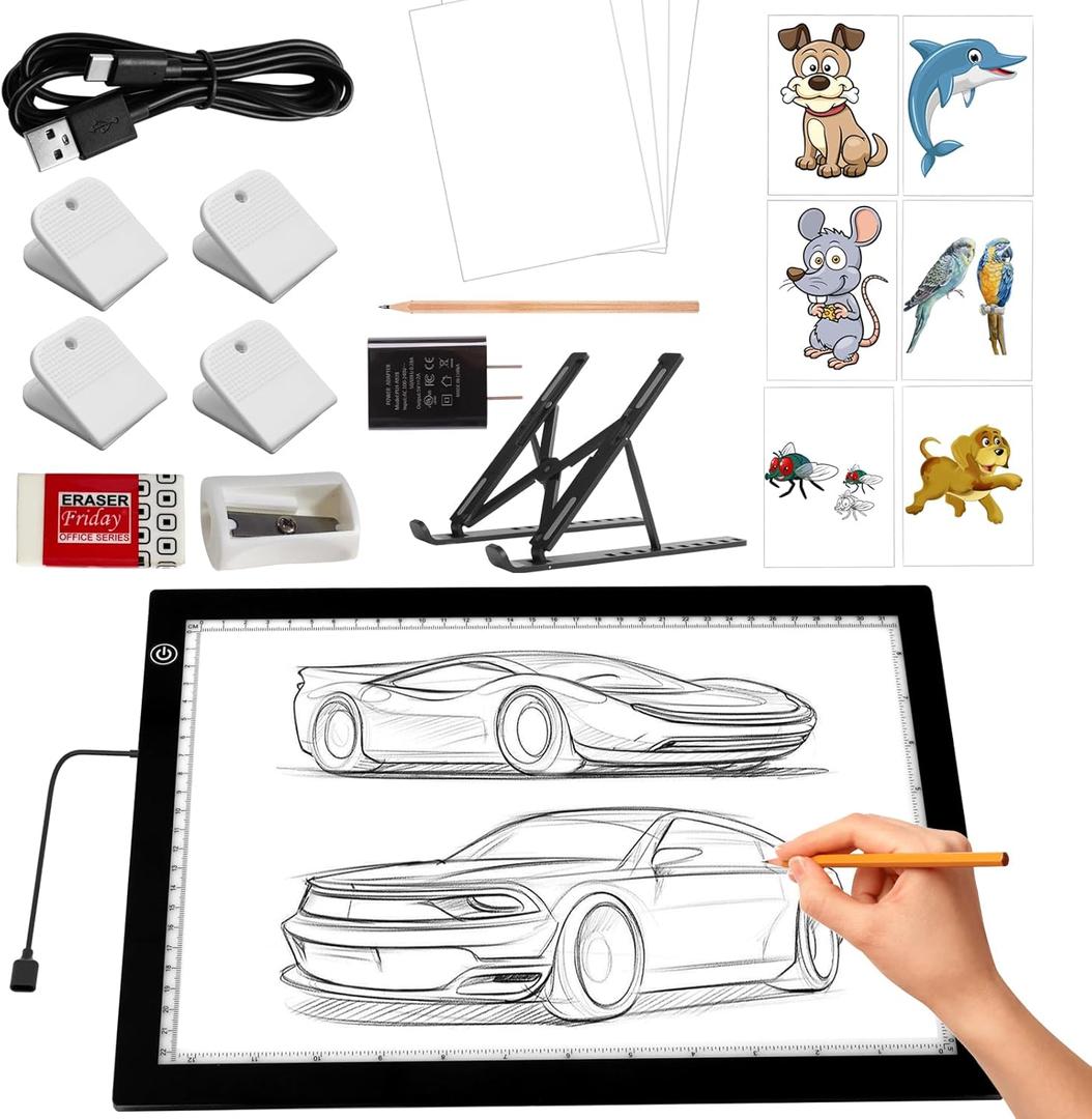 KOBAIBAN A4 LED Super Bright Light Box with Foldable Stand, Ultra-Thin Light Board for Diamond Painting, USB-C Power Light Table for Tracing, Light Pad for Sketching, Drawing, Weeding Vinyl (Black)