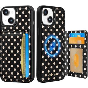 for iPhone 15 Case with Wallet - Fits 4 Card Slots, Compatible with MagSafe for Women Aesthetic Durable PU Leather Credit Card Holder Kickstand Phone Cover for Apple 15, Black Polka