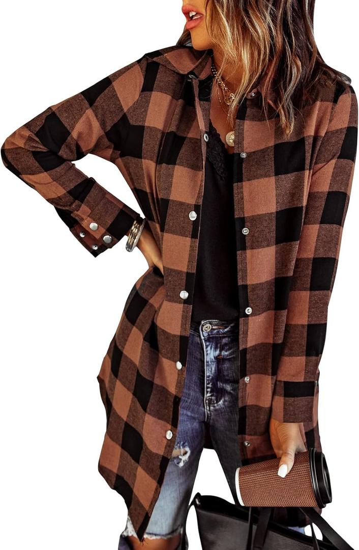 EVALESS Color Block Plaid Shacket Jacket Womens Fall Clothes Fashion Outfits (Medium, Brown)