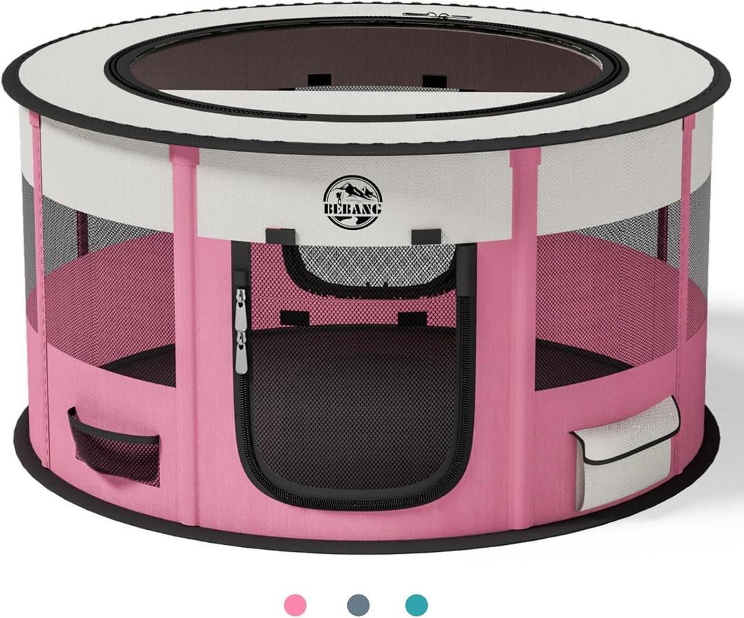 Dog Playpen Puppy Play Pen Indoors Pet Crate Small Dog Cage Portable Foldable Cat Kennel for Kitten Hamster Rabbit Bunny Guinea Pig with Collapsible Food Bowl Carrying Case , Pink 