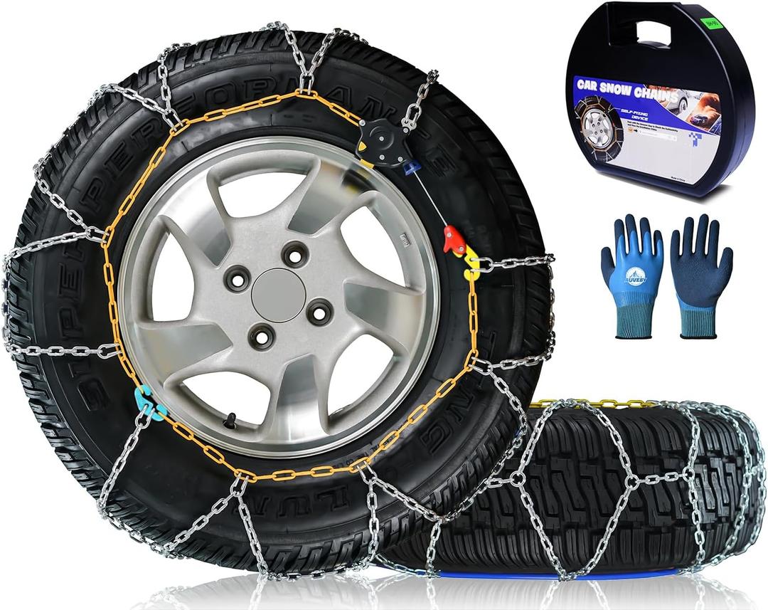 Snow-Chains Auto Fixing 1 Min Quick Fit Easy Installation Tire-Chains, Portable Reusable Universal Emergency Tire Traction Chain for Passenger Car, Pickup Trucks and SUV - Set of 2 (HKN-100)