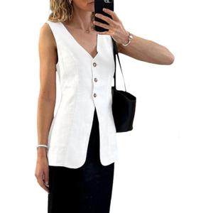 2025 Summer Women's Linen Vest Tops Lightweight Breathable Long Fashion V-Neck Fully-Lined Work Casual Vest Pockets (XX-Large, White)