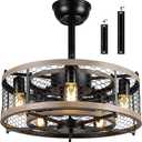 20" Caged Ceiling Fan with Lights Remote Control, Small Farmhouse Black Rustic Bladeless Ceiling Fan for Bedroom Kitchen
