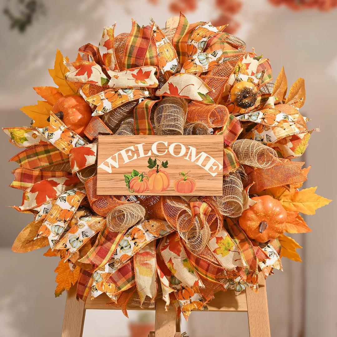 Waipfaru Fall Wreaths for Front Door, Fall Mesh Wreath with Wooden Sign Fishnet Yarn Autumn Pumbkin, Thanksgiving Halloween Decorations for Home, Porch Decor(18-20 Inch)
