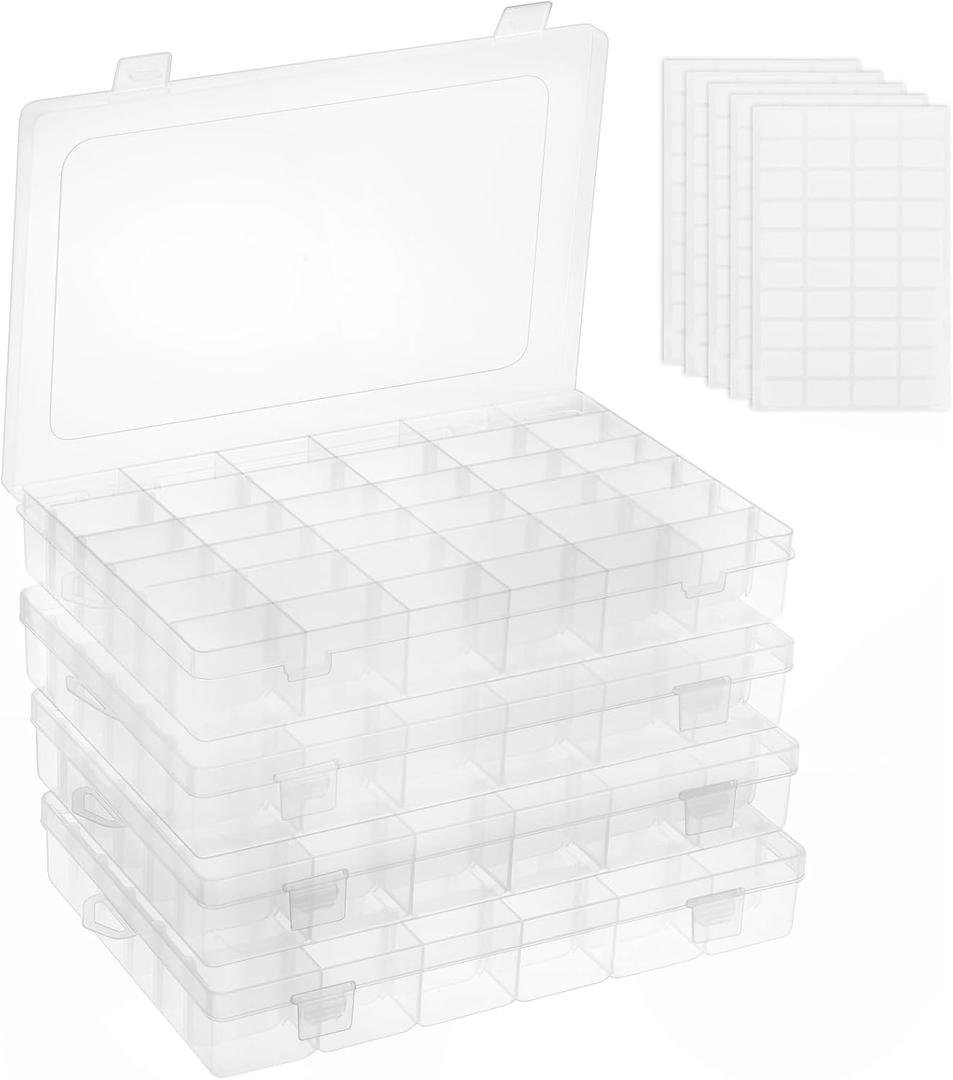 OUTUXED 4 Pack 36 Grids Plastic Bead Organizer Box with Dividers, Clear Craft Tackle Box Parts Storage Containers with Compartments for Jewelry Fishing Tackle Art DIY with 5 Sheets Label Stickers