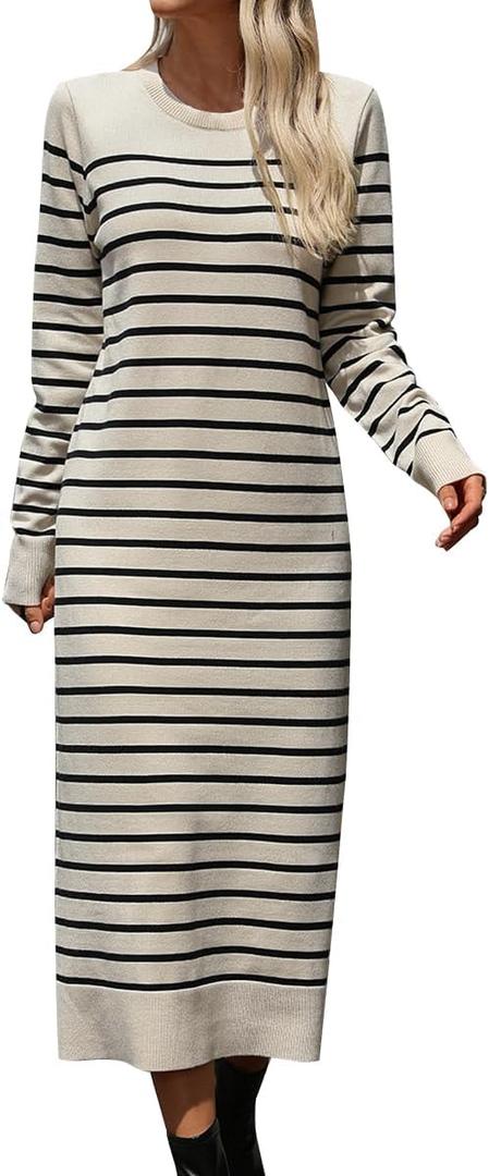 Womens Striped Sweater Dress Fall Knit Crewneck Long Sleeve Baggy Casual Long Dress Loose Autumn Winter Midi Dresses (S)
