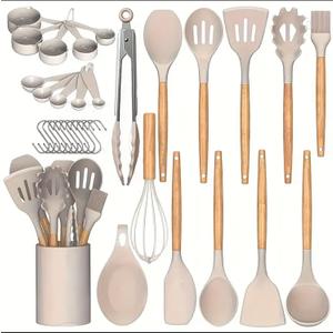 Feuora Silicone Kitchen Cooking Utensils Set, 33pcs  446F Heat Resistant, Non-stick, BPA-Free, Wooden Handles, Spatula, Turner, Tongs, Spoon, Brush, Whisk  Essential Cooking Gadgets (Khaki)