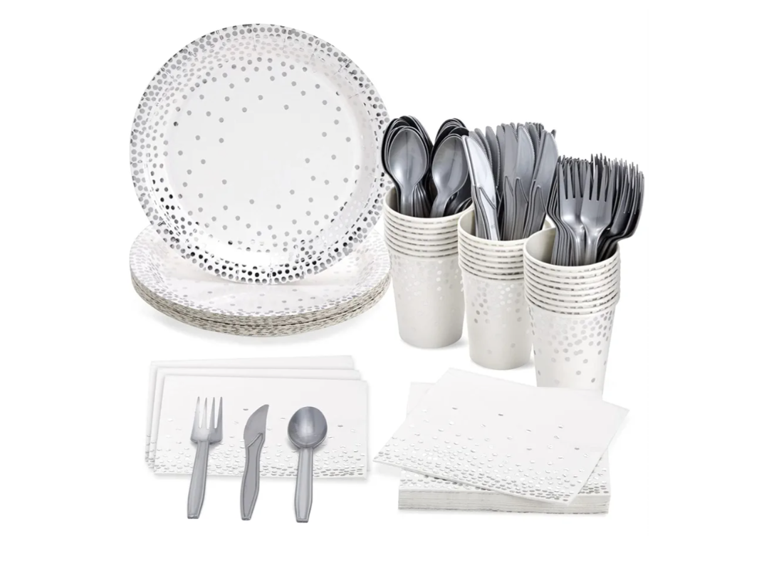 Juvale 144 Piece Silver Party Supplies for Wedding, Birthday - Silver Table Decorations with Plates, Napkins, Cups, and Cutlery (Serves 24) - Plates And Napkins Party Supplies