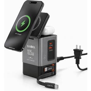 105W Charging Station with Retractable Cables, 6-in-1 GaN Retractable Charger with Wall Plug, MagSafe Compatible Magnetic Pad, USB-C Fast Charging for iPhone, AirPods, MacBook