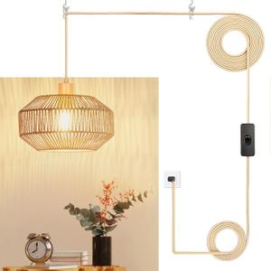 Qingmiao Boho Plug in Pendant Light, Rattan Hanging Lamp Plug in with Woven Shade, 3-Way Dimmable Hanging Light Fixture for Living Room Bedroom Kitchen Ceiling Farmhouse Home Decor