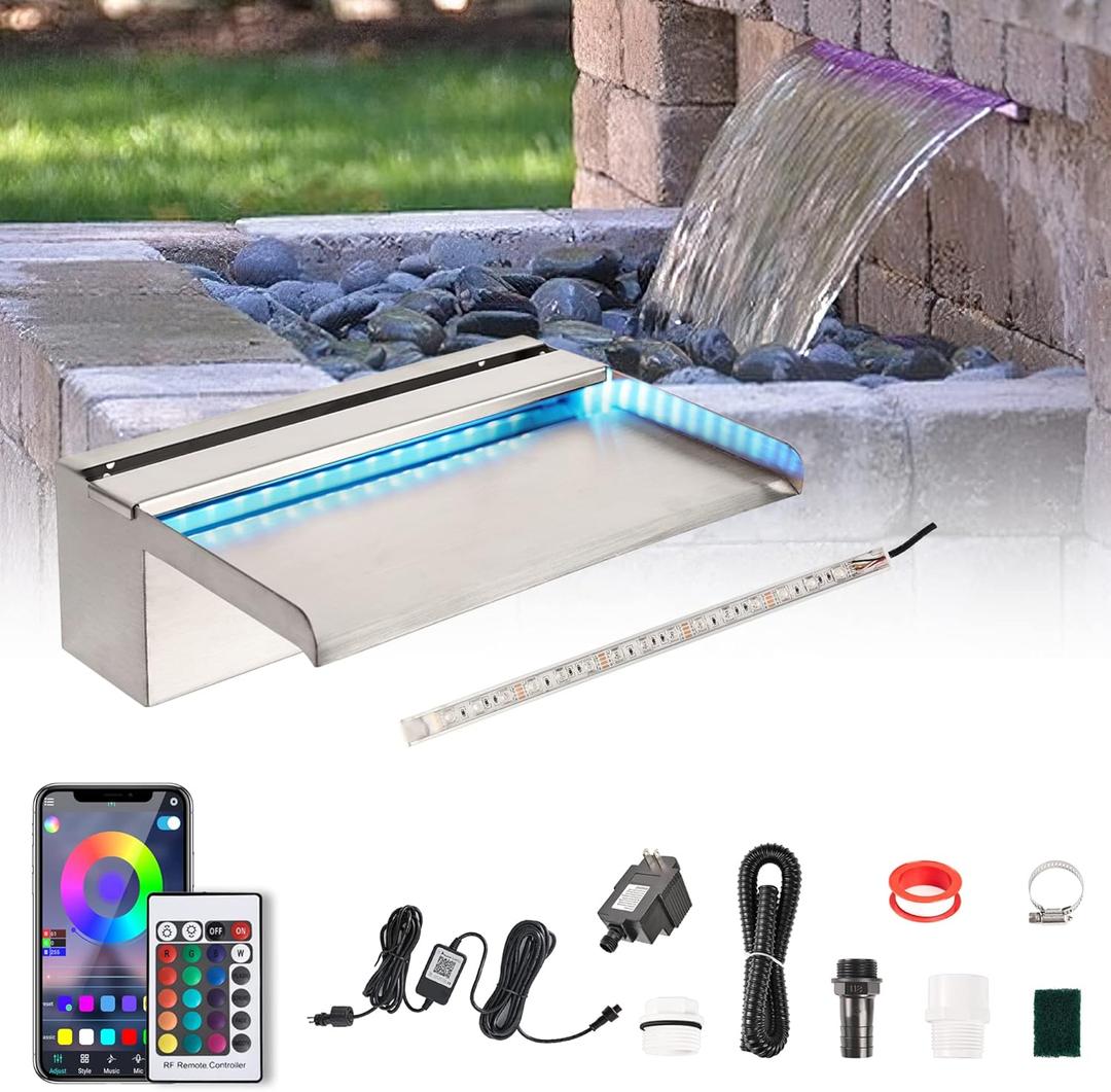 PONDO Pool Waterfall 12" APP with 16 Colors LED Lights, Stainless Steel Pond Fountain Set for Outdoor Decorations, Patio Waterfall Spillway Kit on The Wall for Garden, Easy Installation (Sliver)
