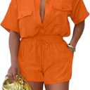 2 Piece Outfits for Women Summer Casual Short Sleeve Button Down Tops Blouses Shirts and Shorts Set with Pockets Romper (Orange, XL)