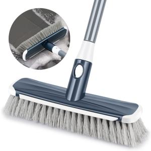 Floor Scrubber with Long Handle, 2 in 1 Scrubbing Brush Stiff Bristle Shower Cleaning Brush for Bathroom, Kitchen, Tub, Carpet, Grout, Tile (Gray)