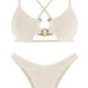 ZAFUL Women's Sexy Cutout Bikini Set High Cut Textured Metal Ring Cheeky Swimsuit Two Piece Bathing Suit, XL