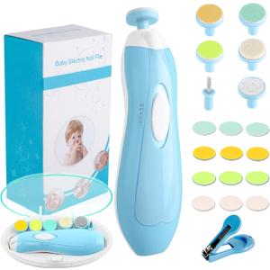 Baby Nail Trimmer Electric Nail File Baby Nail Clippers, 20 in 1 Safe Nail Filer Grinder Kit for Newborn Infant Toddler Kids or Adults Toes Fingernails Care Trim Polish, Led Light and Grinding Heads (Blue/White)