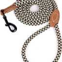Mile High Life Rope Leash with Genuine Leather Connection, 6 FT/5 FT/4 FT, Heavy Duty Leash for Medium & Large Dogs (Black Khaki, 72 Inch)