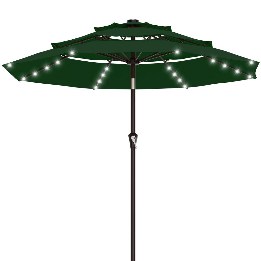 AreShark 9ft 2 Tiers Patio Umbrella with Solar Lights, Outdoor Umbrella w/ 32 LED Lights&8 Sturdy Ribs, Table Umbrella for Deck, Backyard, Pool(Dark Green)