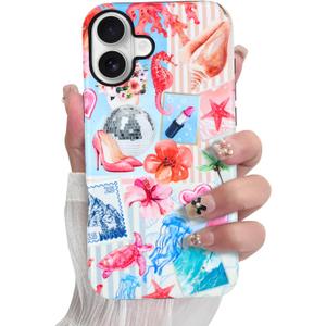 SOKAD Magnetic Summer Collage Phone Case for iPhone 16, Cute Beach Coastal Collage Pattern Compatible with Magsafe Matte Protective Case Cover with Screen Protector for Girls Women